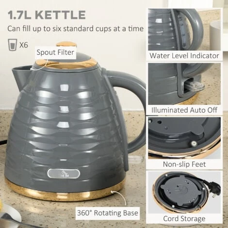 HOMCOM Kettle And Toaster Sets 1.7L Kettle & 4 Slice Toaster W/ Browning Control Grey 3 HOMCOM Kettle And Toaster Sets 1.7L Kettle & 4 Slice Toaster W/ Browning Control Grey - Image 3