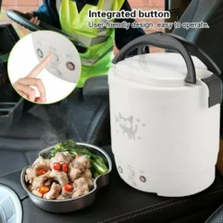 Mini Rice Cooker, 12V 100W 1L Electric Food Steamer, 2 Cups Portable Travel Steamer Small, All-in-1 Multi Cooker Stainless Waterproof Non-Stick Pot(White) -Kitchen Appliances Store 95534338 3