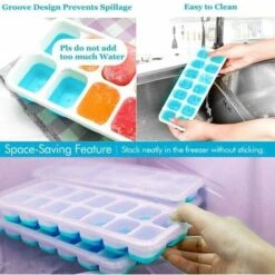 LITZEE Drinkware Accessories Ice Cube Tray 4 PCS Silicone Ice Cubes With Lid Ice Cube Tray 14 Compartments For Whiskey, Cocktail, Drinks, White+Blue -Kitchen Appliances Store 96306927 3