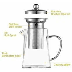 Square Glass Teapot With Infuser, 500ml Borosilicate Teapot With Strainer, Clear Loose Leaf Teapots For Loose Tea -Kitchen Appliances Store 97102280 5