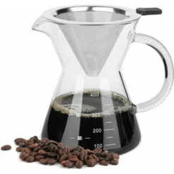 Pour Over Coffee Maker With Stainless Steel Filter, Borosilicate Glass Carafe With Handle, No Paper Filters Needed (400ml)